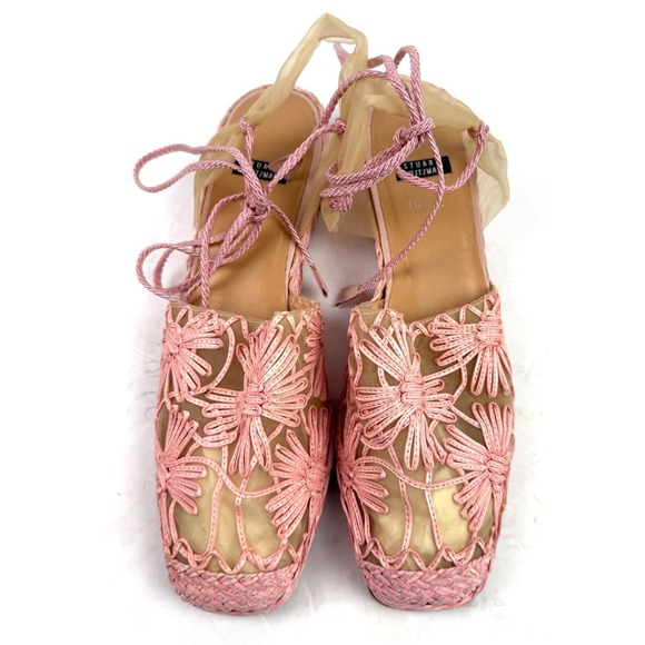 Stuart Weitzman Shoes - Stuart Weitzman‎ Rafia Espadrille Flats Pink Mesh Barbiecore Lace Up 10 Narrow